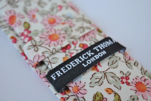 skinny ivory cream cotton tie with pink floral design